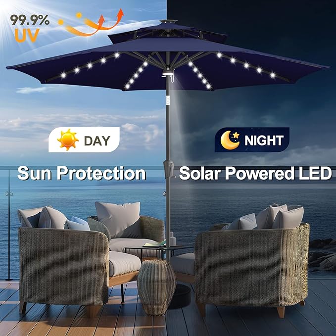 FLAME&SHADE 9 ft Double Top Solar Powered Outdoor Market Patio Table Umbrella with LED Lights and Tilt, Navy Blue