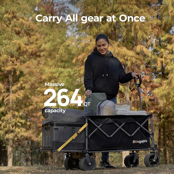BougeRV Electric Utility Wagon with 133Wh Battery, Foldable Garden Cart, 4" All-Terrain Outdoor Motor-Driven Wagon for Slopes up to 15°, Ideal for Camping, Gardening (Battery Charger NOT Included)