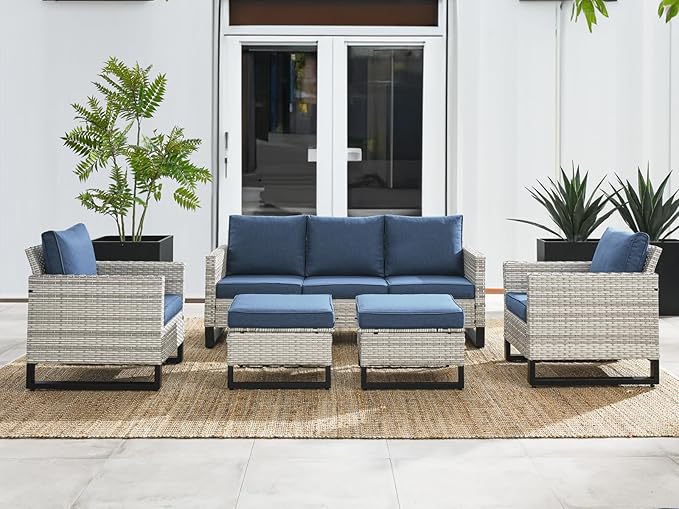 HUMMUH 5 Piece Patio Furniture All Weather Wicker Outdoor Sectional Sofa,High Back Patio Chairs,Coffee Table and Ottomans Set for Porch,Garden,Backyard