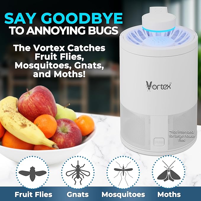 Vortex Indoor Insect Trap - Catcher & Killer for Fruit Flies, Gnat, Mosquito, Moth - UV Light Non Zapper Suction Glue Board - Bug Light Fruit Fly Trap (White)