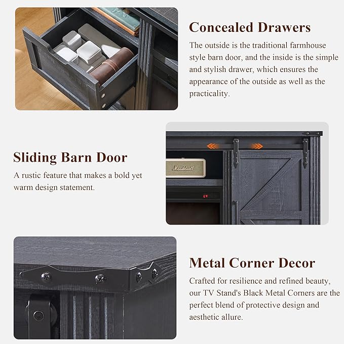 JXQTLINGMU Farmhouse Fireplace TV Stand for 80 Inch TV, 32" Tall Entertainment Center w/Drawer & Sliding Barn Door, 70 Inch Highboy Media Console for Living Room, Black