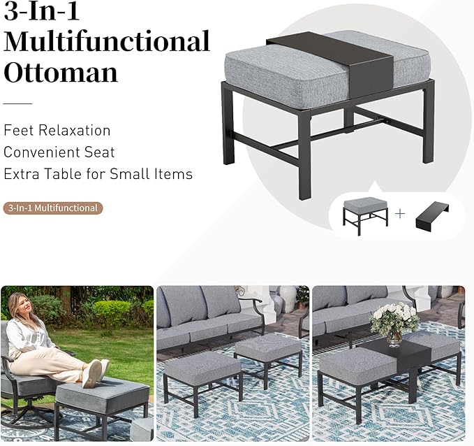 SUNSHINE VALLEY 6 Piece Metal Outdoor Patio Furniture Set with Firepit Table, Patio Conversation Set 1 3-seater Sofa, 2 Swivel Chair, 2 Ottoman with 5.75" Thick Cushion, Black Backyard Furniture, Gray