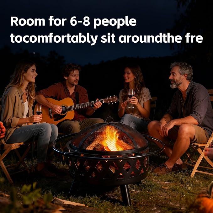 Smug 36 Inch Round Fire Pit, Wood Burning Fire Pits for Outside with Spark Cover Fire Poker, Outdoor Firepit for Patio, Backyard, Garden, Bonfire Party