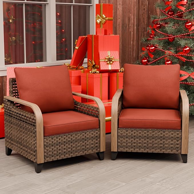 EAGLE PEAK Modern Wicker Outdoor Chair, Patio Chair Curved Armrest, Rattan Patio Furniture for Yard Deck Porch Garden, 2 Chairs, Brown/Red