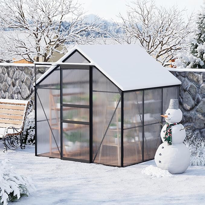 GarveeHome 6 x 6 FT Polycarbonate Greenhouse, Winter Greenhouses for Outdoors with Aluminum Frame, Sliding Door, Adjustable Roof Vent, Backyard Green Houses, Patio Garden, Black