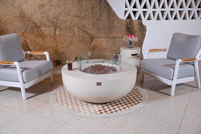 AMS Creations | Eclipse 44" Bundle Round Cast Concrete Propane Gas Fire Pit Bowl Table | Cream White | Smooth Texture Surface | Electronic Ignition | Outdoor Patio Heater Outside Backyard Fireplace