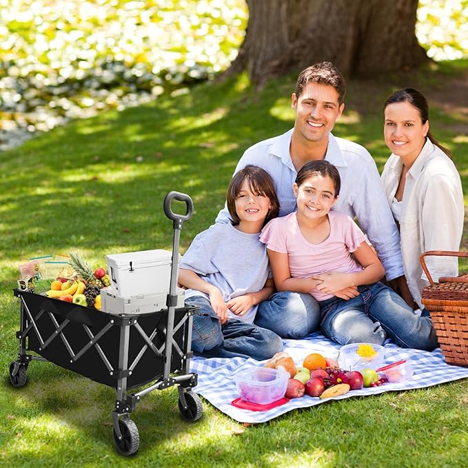 Collapsible Foldable Extended Wagon, Weight Capacity 220 LBS, Heavy Duty Large Wheeled Utility Cart, Folding Grocery Shopping Cart for Camping, Grocery, Garden - Capacity Portable Outdoor Cart