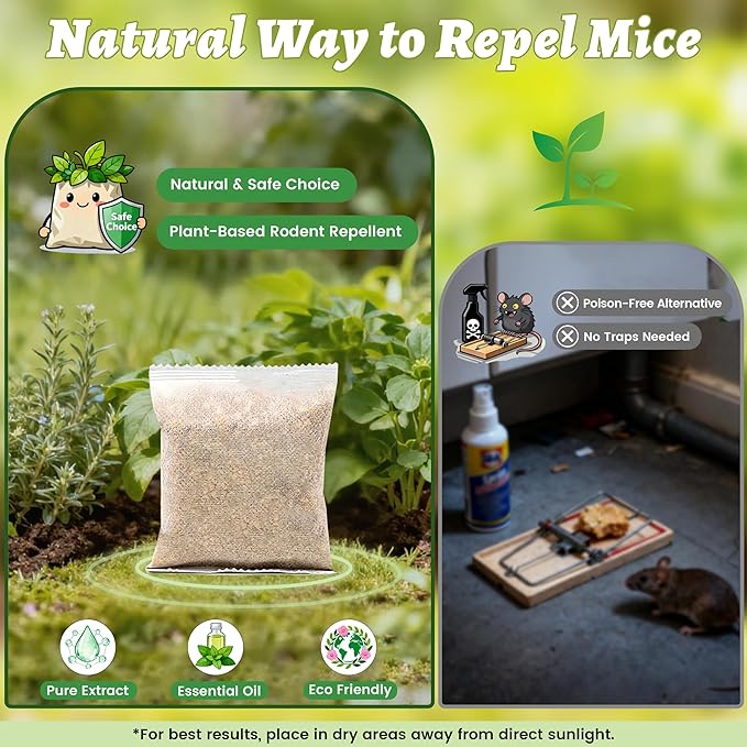 Rodent Repellent Pouches, 12 Pack Peppermint Oil Mouse Repellent for Home & Car, Natural Rodent Defense for Mice, Rats, Squirrels, RVs, Garage, Kitchen & Basement