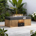 47.24" Outdoor Gas Fire Pit Coffee Table with Wood Storage Drawer and Tempered Glass Wind Guard, Stainless Steel Tabletop Patio Fire Pit Table for Backyard, Garden, Picnic or Party