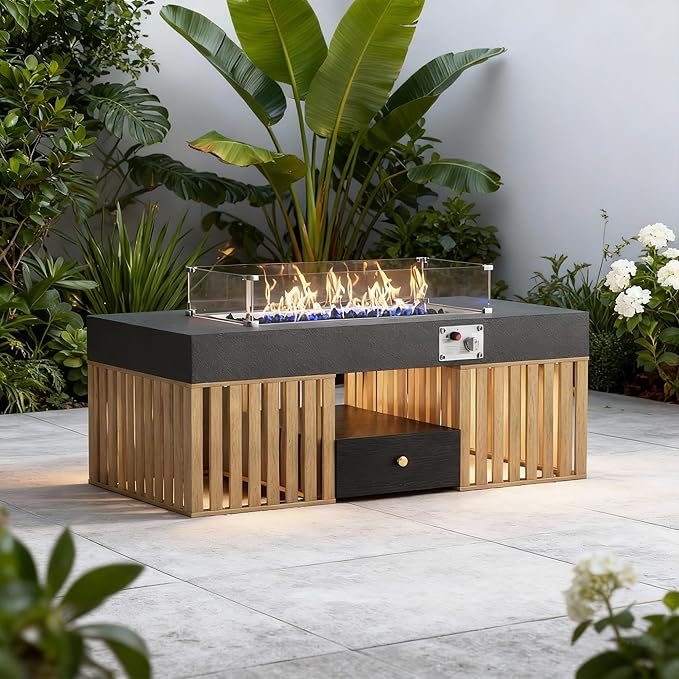 47.24" Outdoor Gas Fire Pit Coffee Table with Wood Storage Drawer and Tempered Glass Wind Guard, Stainless Steel Tabletop Patio Fire Pit Table for Backyard, Garden, Picnic or Party