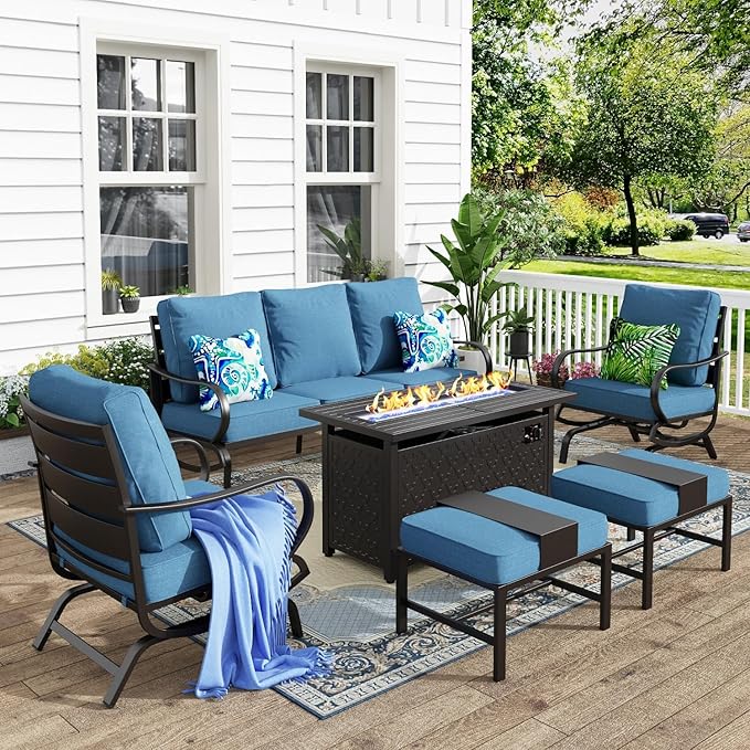 MFSTUDIO 6 Pieces Patio Furniture Sets with 45" Gas Fire Pit Table(Up to 7 Seat), Outdoor Metal Frame Patio Conversation Sofas with 1 x 3-Seat Sofa, 2 Rocking Chairs and 2 Ottoman, Navy Cushion