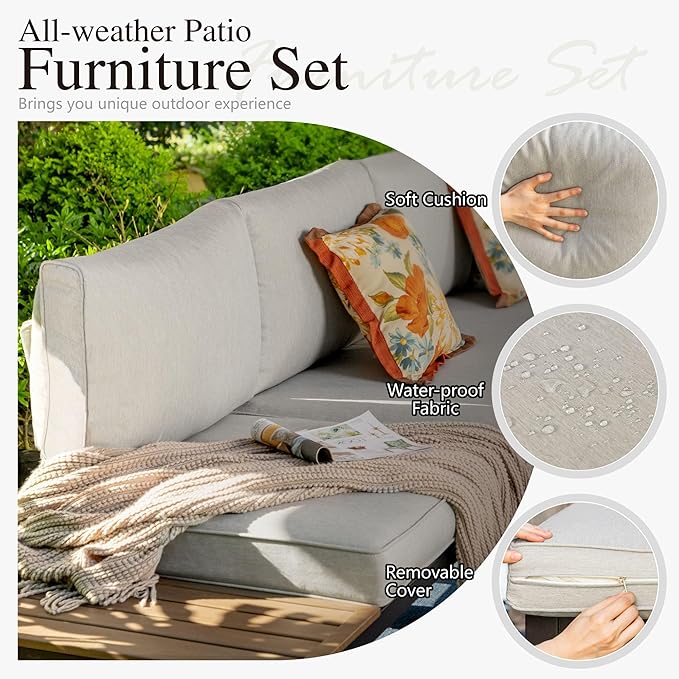 Sophia & William 6 Pieces Outdoor Patio Furniture Set, Metal Sectional Sofa Set Patio Conversation Set-2 x Single Sofa with Side Table,1 x Loveseat,2 x Single Couch,1 x Tea Table(Beige Grey)