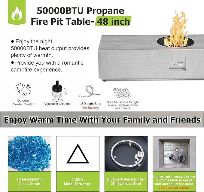 Dineli 2-Piece Outdoor Propane Fire Pit Table Set w Tank Table 48'' Rectangular Firepit Gas Fire Pits for Outside Patio Tabletop Fire Pits w LED, 50,000 BTU (Light Gray with RGB Light)