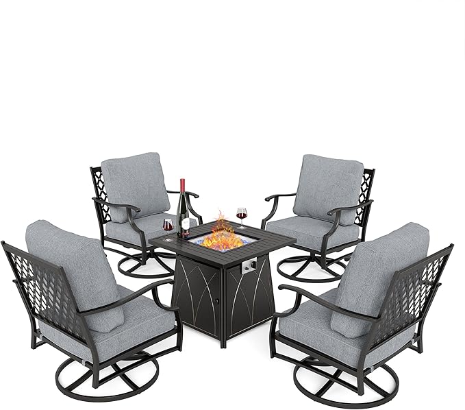 SUNSHINE VALLEY 5 Piece Metal Outdoor Patio Furniture Set with Fire Pit Table, Patio Conversation Sets 4 Swivel Chairs with 5.75" Thick Cushion and 5000 BTU Fire Pit Table, Backyard Furniture, Gray