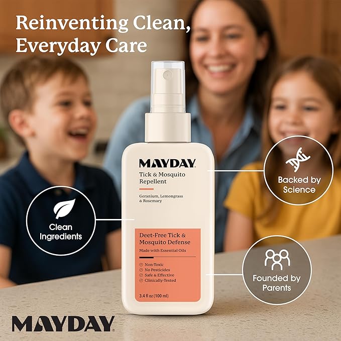 MAYDAY Tick & Mosquito Repellent – Deet-Free with Essential Oils – Geranium, Lemongrass & Rosemary – 3.4 oz (100 ml) – Mosquito and Tick Repellent