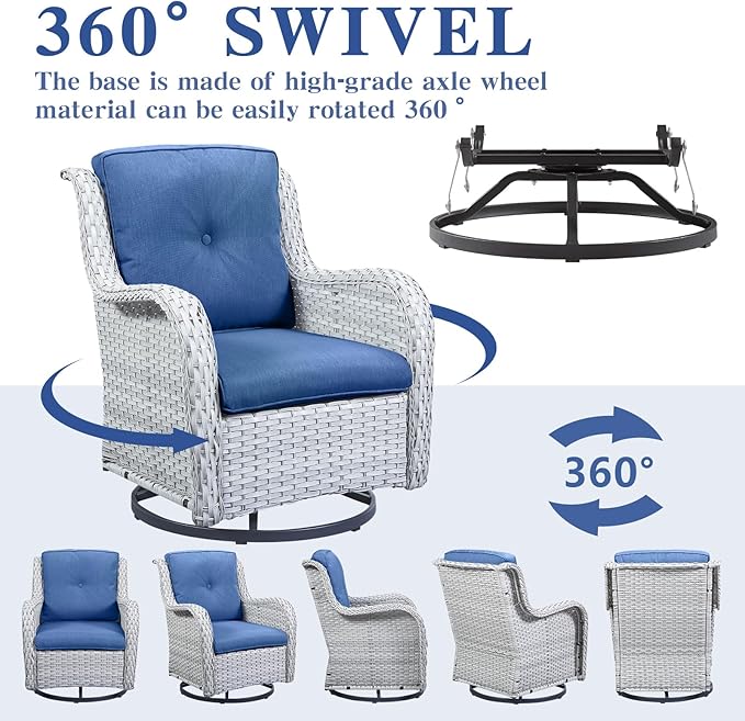 Belord Wicker Patio Furniture Sets - 8 Piece Outdoor Rattan Furniture Conversation Sets with 4 Swivel Rocker Chairs, Rattan Sofa, Wicker Ottomans and Coffee Table, Light Grey/Blue