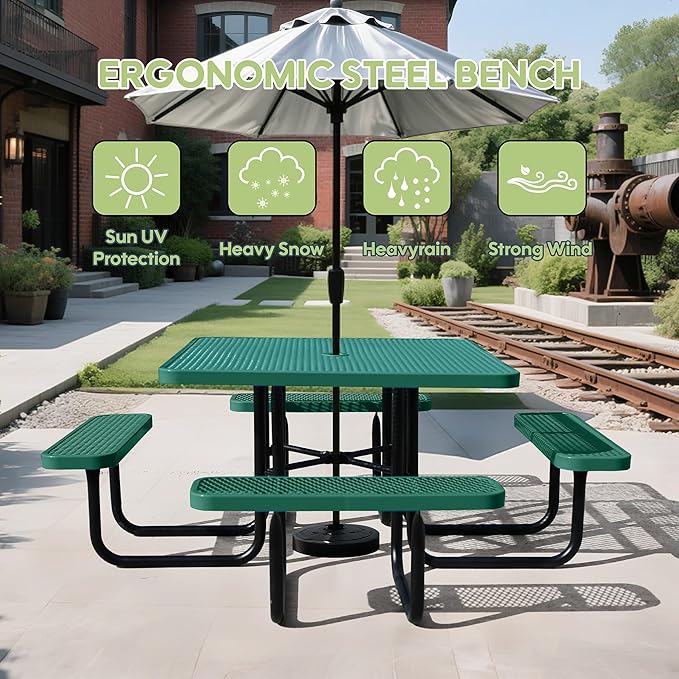 46Inch Square Picnic Table for 8 Person, Outdoor Heavy Duty Sturdy Picnic Tables with 4 Benches & Umbrella Hole, Commercial Metal Patio Picnic Table for Garden, BBQ, Coffee Store, Party, Porch (Green)