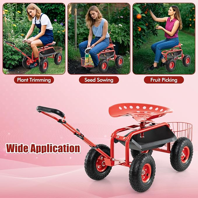 Goplus Rolling Garden Cart with Seat, Outdoor Garden Stool with Wheels, Tool Tray & Basket, Adjustable Steering Handle, 360 Degree Swivel Seat for Planting, Gardening Scooter for Lawn, Yard, Patio