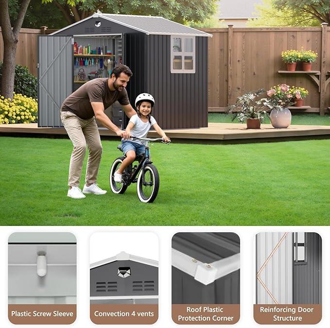 8x6 FT Outdoor Storage Shed, Metal Sheds & Outdoor Storage, Waterproof Sheds with Lockable Doors for Backyard