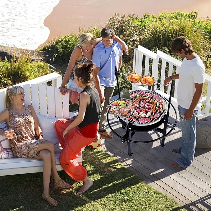 ROVSUN 33'' Outdoor Fire Pit with 2 Grills, Wood Burning Round Firepit with Swivel Cooking Grate, Removable Swivel Grill for Backyard, Patio, Picnic, BBQ and Parties