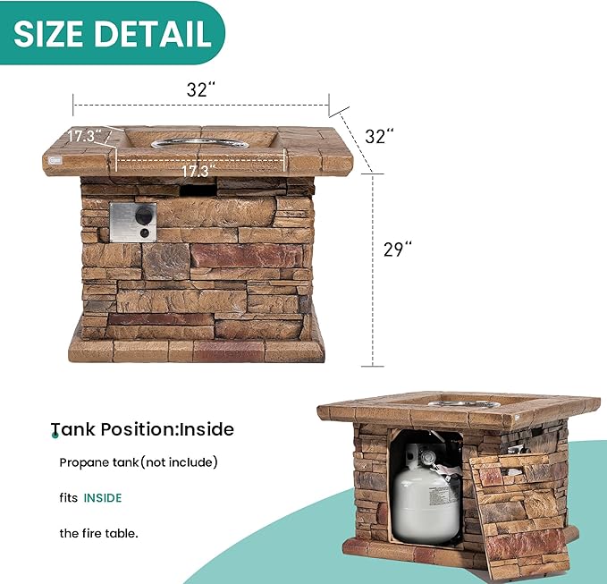 32" Outdoor Propane Fire Pit, Square Stonecrest Gas Firepit for Outside Patio, Concrete Propane Fire Table 50,000 BTU Gas Fire Pits with Lava Rocks, CSA Certified, Blue Fire Glass