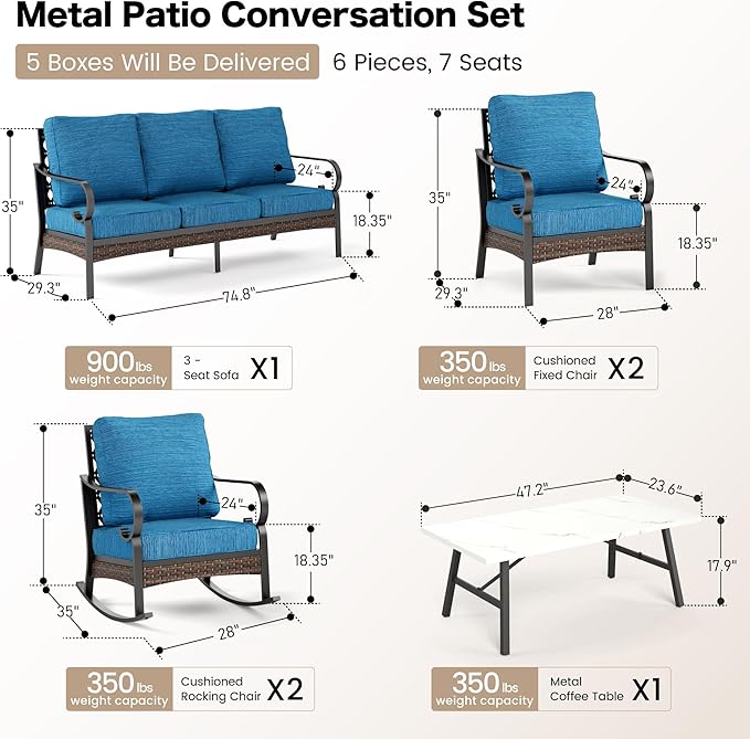 SUNSHINE VALLEY 6 Piece Metal Outdoor Patio Furniture Set, Patio Conversation Set 3-Seater Sofa, 2 Fixed Sofa, 2 Rocking Chair with 5.75" Thick Cushion & Coffee Table Black Backyard Furniture, Blue-2
