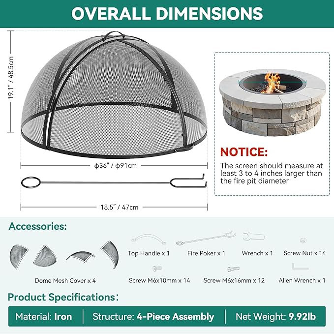 YITAHOME 36" W*19" H Fire Pit Screen with Top Ring & Poker, Iron Mesh Spark Guard with High-Temperature Coating, Portable & Modular for Backyard Fire Pits, Camping, Beach Parties, and Barbecues