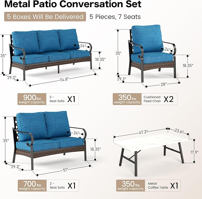 SUNSHINE VALLEY 5 Piece Metal Outdoor Patio Furniture Set, Patio Conversation Sets 3-Seater Sofa, 2-Seater Sofa, 2 Fixed Chair with 5.75" Thick Cushion & Coffee Table Black Backyard Furniture, Blue-2