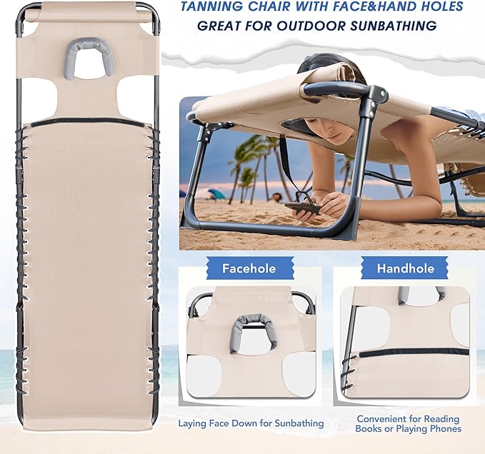 Flamaker Face Down Chaise Lounge Chair 5-Position Adjustable Sunbathing, Foldable Tanning Chair with Face& Arm Holes, Outdoor Recliner Chair for Pool, Beach, Patio, Lawn (Beige, 1 Pcs)