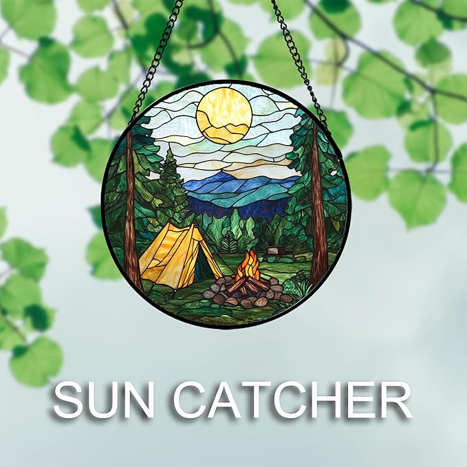 QZQCBLC Stained Glass Window Hanging Yellow Tent Forest Scenery 6.3" - Sunset Suncatcher Door Garden Sun Catcher Home Decor Birthday Christmas for Mom Men Woman Nana Friend