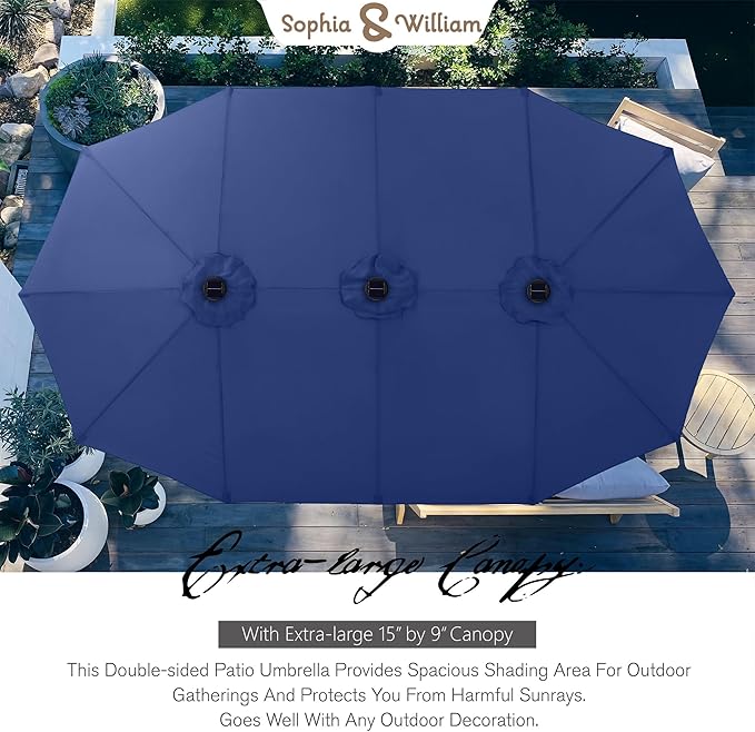 Sophia & William 15 ft Extra Large Patio Umbrella with Solar Lights, Rectangular Outdoor Umbrella with Base Included, Market Umbrella Double-sided Heavy Duty for Pool Garden Backyard, Haze Blue