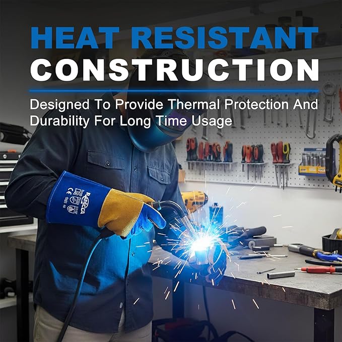 RAPICCA Welding Gloves Fire Heat Resistant: Blue 16IN 932℉ - Fireproof Leather For Stick Mig Flux-Core Welder Forge Blacksmith Fireplace Wood Stove Fire Pit Grill Oven Furnace Handling Dry Ice