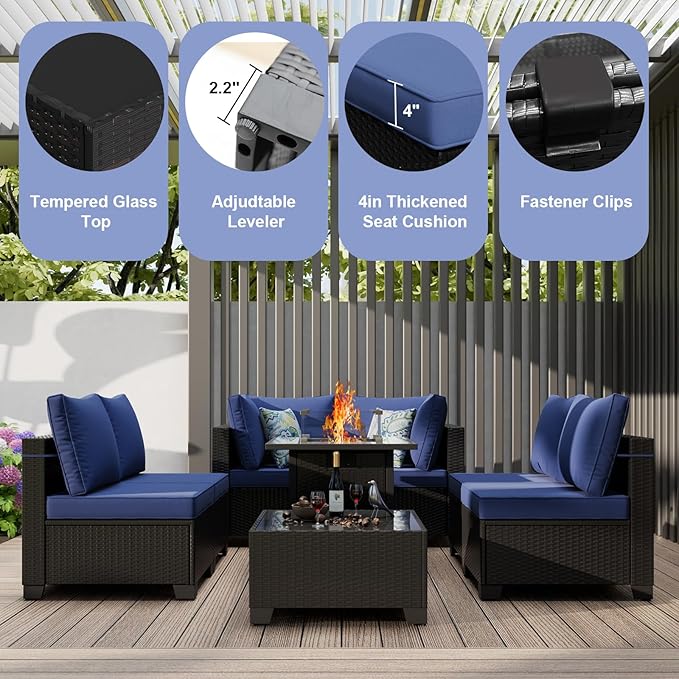 Patio Furniture Set with Fire Pit Table, 8 Piece Wicker Outdoor Sectional Set with Thick Cushions, Patio Sofa for Porch Garden Backyard Deck, Coffee/Blue