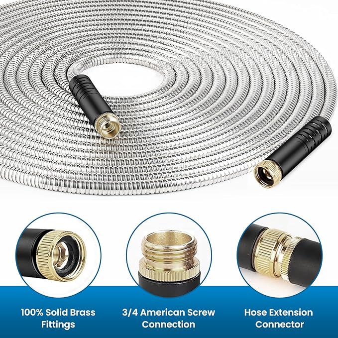 Garden Hose 100FT, Water Hose with 10 Function Nozzle, Garden Hose Metal with Leak-proof Connectors, Kink-Free & Ultra Flexible, Rust/Pet/Puncture Proof for Lawn, Yard, RV, Car Wash, 550PSI