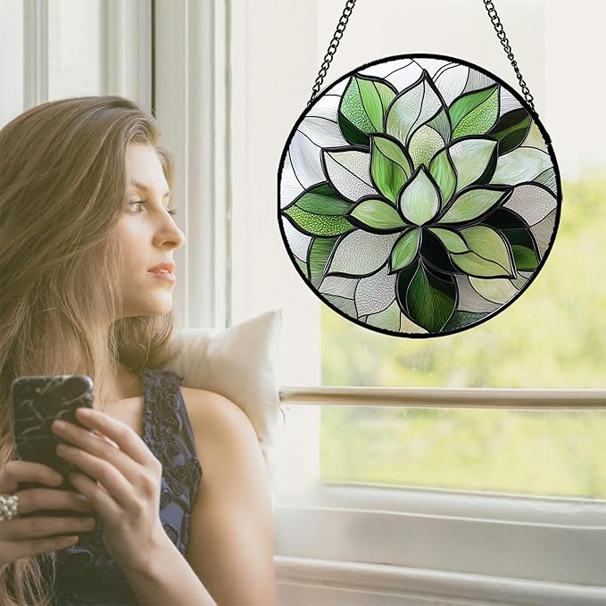 CRISGIF Stained Glass Window Hanging - Ireland Green Plants Suncatcher for Doors Garden Succulent Sun Catchers Decor Mother's St. Patrick's Day Birthday for Women Men Mom Nana 6.3 in