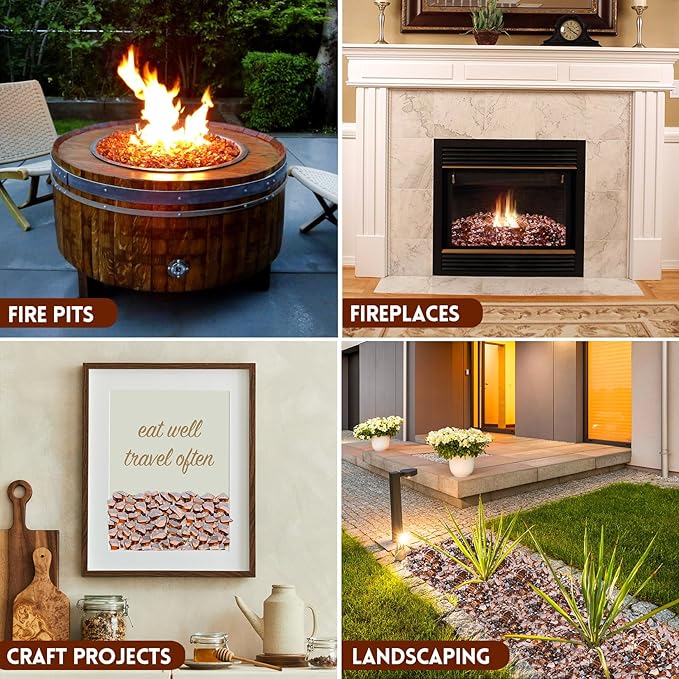 GasSaf 1/2 Inch Fire Glass Reflective Tempered Fireglass Cut Crushed FireGlass for Fire Pit, Fireplace, Replaces Existing Gas Logs & Lava Rocks (20 Pound)(Amber Reflective).