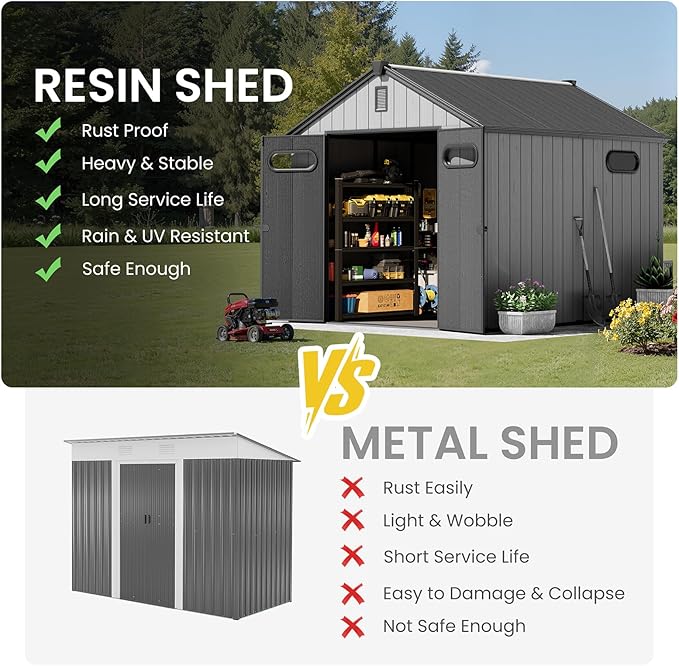 CRESTLIVE 8x10 FT Rust-Resistant Plastic Outdoor Storage Shed, Waterproof Resin Garden Shed with Floor, Doors, Skylight & Vent for Lawn Tools & Bikes