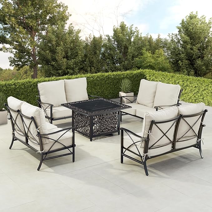 Oakland Living Black Aluminum Patio Fire Table Set with Four Deep Seating Loveseat with Cushions