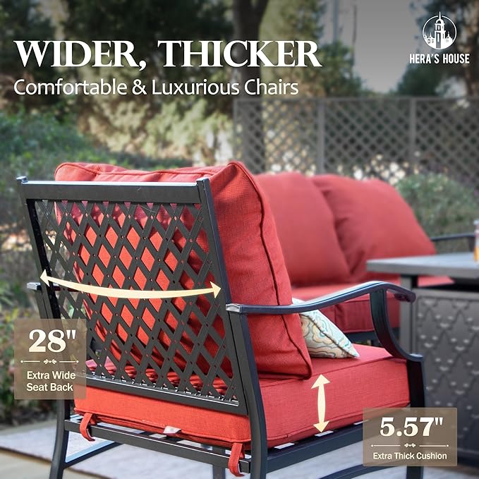 HERA'S HOUSE 5 Pieces Patio Furniture Set with Fire Pit Table, 4 x Thick Cushioned Rocking Chairs, 1 x 28 Fire Pit Table (50,000 BTU), Outdoor Conversation Set for Garden, Backyard, Lawn, Red