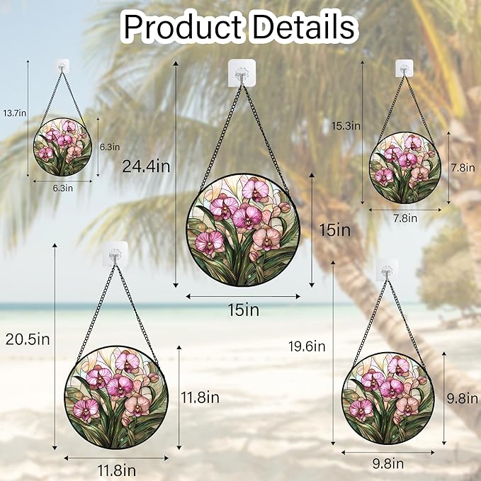 AMDERVEN Stained Glass Window Hanging - Pink Phalaenopsis Orchid Green Leaves Sun Catcher for Door Home Decor Flower Suncatcher Christmas Mother's Day Birthday Gifts for Women Men Mom Nana 6.3 in