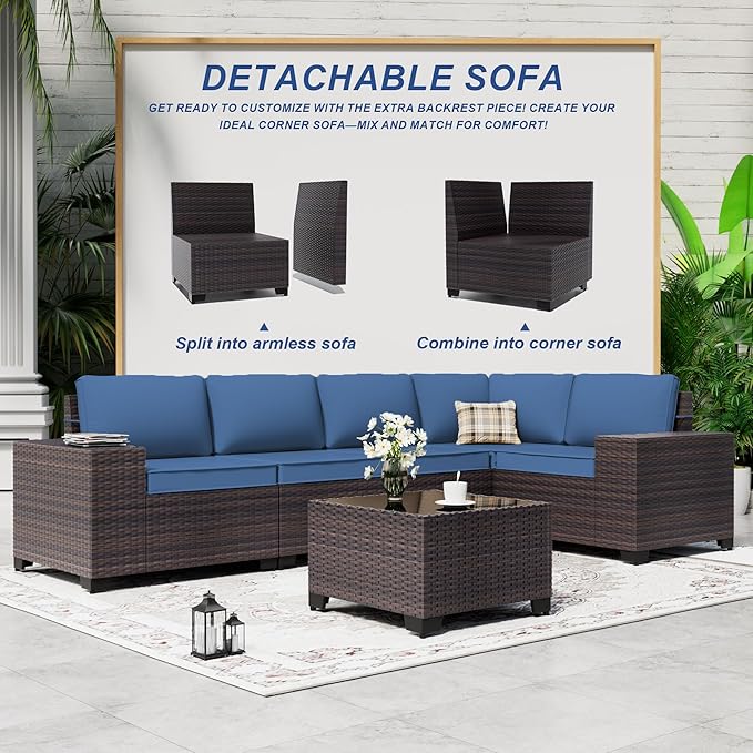 Outdoor Patio Furniture Set, 6 Pieces Outdoor Sectional Furniture High Backrest Patio Sofa, All-Weather PE Rattan Patio Conversation Set with Coffee Table & Cushions(Dark Blue).