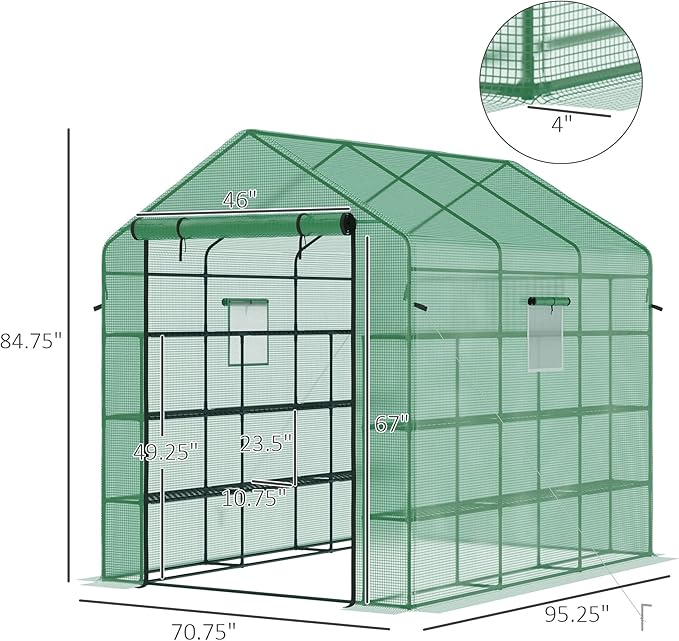 Outsunny 8' x 6' x 7' Walk-in Greenhouse, PE Cover, 4-Tier Shelves, Steel Frame Hot House, Roll-Up Zipper Door for Flowers, Vegetables, Saplings, Tropical Plants, Green