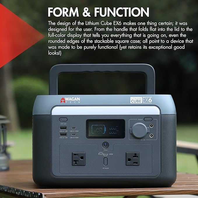 Wagan EL8838 Portable Power Station 600W Lithium Cube Solar Generator 512Wh LiFePO4 Battery Fast Charge 600W 1000W peak AC/100W USB-C for Home Backup, Power Outages, Outdoor Camping, Off-grid