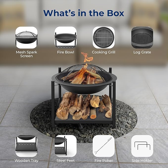 SereneLife 26" Outdoor Wood Fire Pit with BBQ Grill, Mesh Screen, and Wood Storage – Heavy-Duty Steel Frame, Heat-Resistant – Ideal for Bonfires, Camping, and Outdoor Cooking