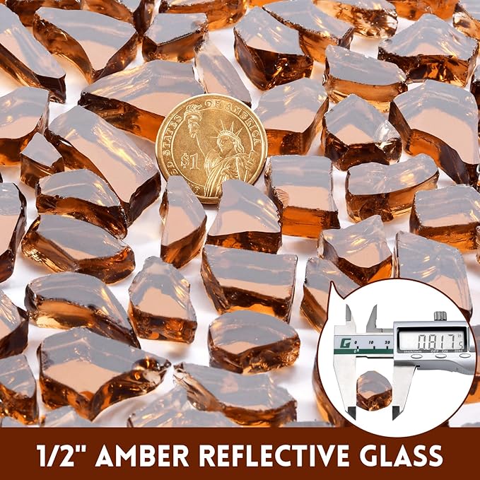 GasSaf 1/2 Inch Fire Glass Reflective Tempered Fireglass Cut Crushed FireGlass for Fire Pit, Fireplace, Replaces Existing Gas Logs & Lava Rocks (10 Pound)(Amber Reflective).