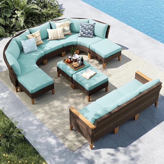 MFSTUDIO 12 Pieces Wicker Patio Furniture Set, All-Weather Rattan Outdoor Half-Moon Curved Sectional Sofa Set, 4 x Curved Sofa, 2 x Armless Couch, 4 x Ottomans, 2 x Corner Chair(Aqua Blue Cushion)