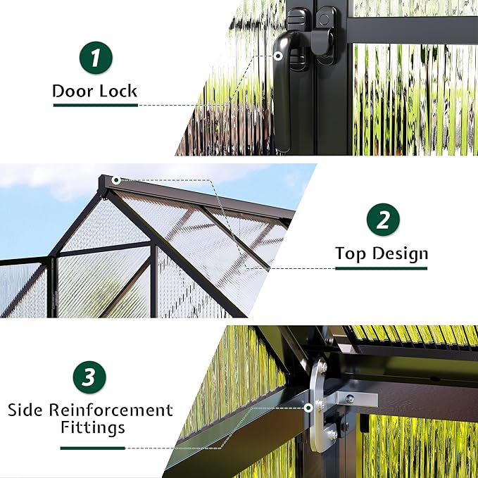Jocisland 8x10Ft Polycarbonate Greenhouse, Heavy Duty Aluminum Frame with 2 Windows & Swing Doors, Outdoor Garden Greenhouses for Backyard, Black