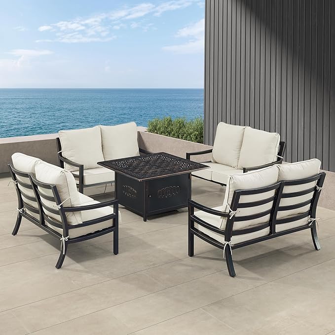 Oakland Living Black Aluminum Patio Fire Table Set with Four Deep Seating Loveseat with Cushions with Light Grey Cushions