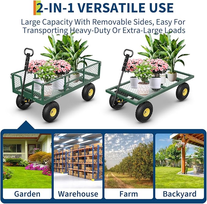 900 LBS Garden Cart on Wheels with Adjustable Handles, Heavy Duty Steel Garden Wagon with Removable Mesh Sides to Convert into Flatbed, Wagon Cart for Lawn Farm Yard, Green