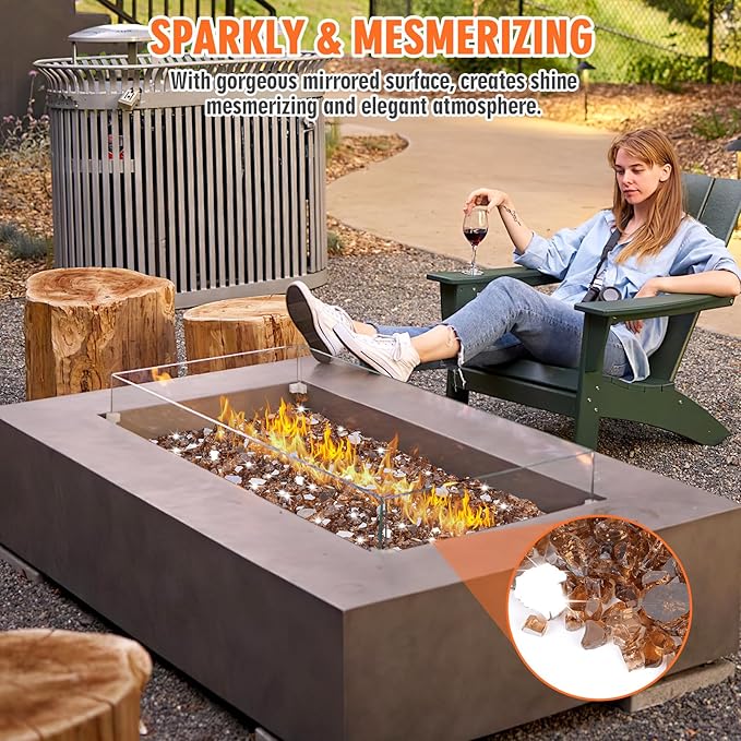 Mesida Fire Glass for Propane Fire Pit - 10 lb Reflective High Luster Glass Rocks, Copper 1/4-Inch Fire Pit Glass for Indoor/Outdoor Fireplace & Fire Table, Tempered Decorative Firepit Rocks